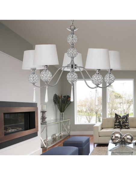 Lámpara Comedor 5 Luces Cromo Pantallas Lona Blanca