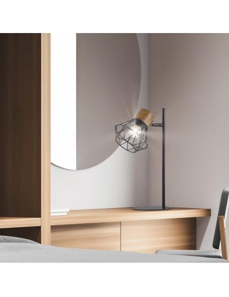 Lámpara de Mesa Dormitorio Negro y Madera
