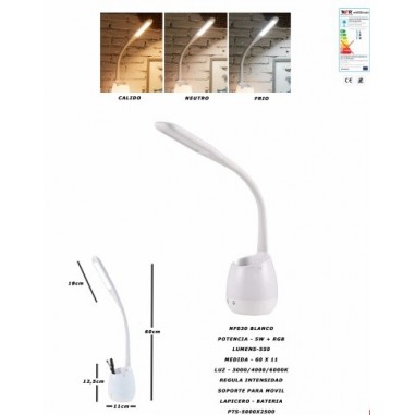 Flexo Portalápices Soporte Móvil RGB Regulador Intensidad