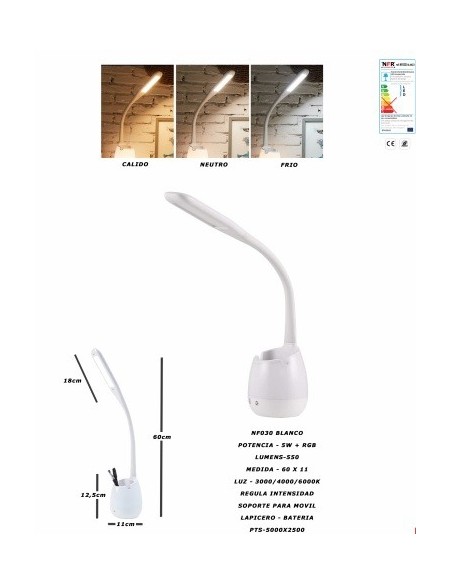 Flexo Portalápices Soporte Móvil RGB Regulador Intensidad