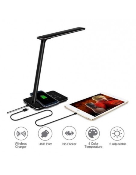 Flexo LED USB Carga Inalámbrica Táctil Negro