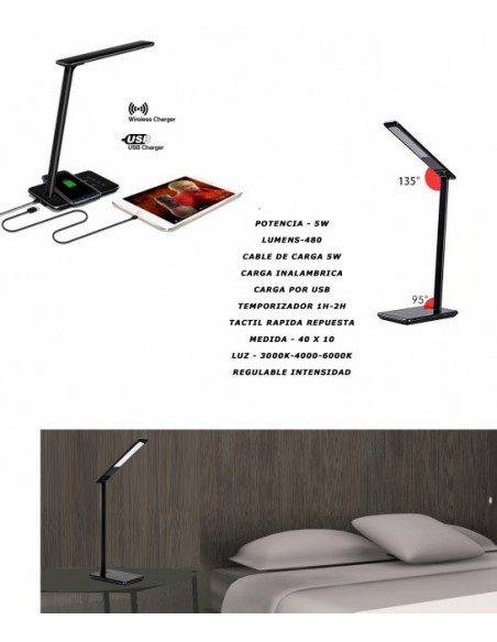 Flexo LED USB Carga Inalámbrica Táctil Negro