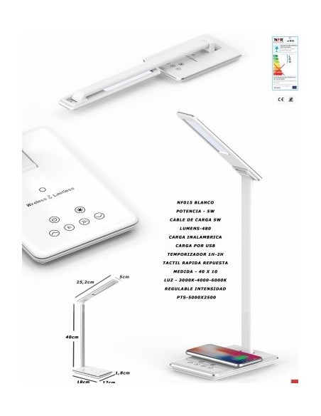 Flexo LED USB Carga Inalámbrica Táctil Blanco