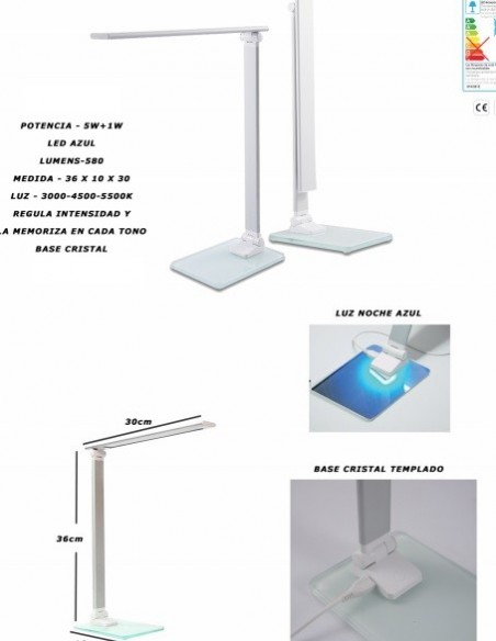 Flexo LED Base de Cristal Regulable Intensidad Memoria