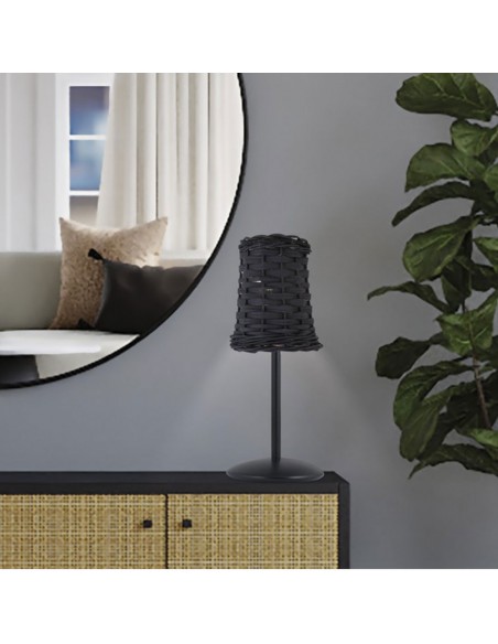 Lámpara de mesa negra pantalla mimbre