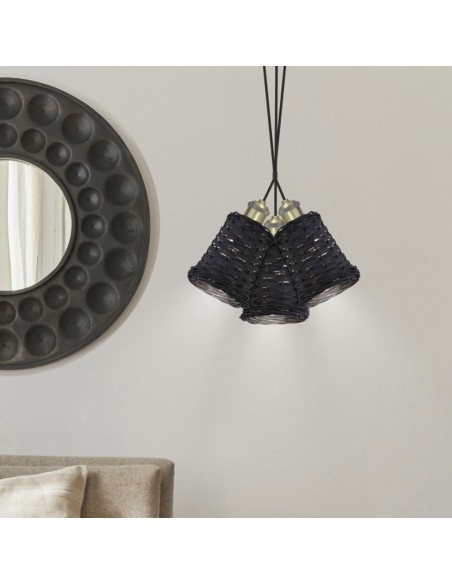 Lámpara de techo de 3 luces con mimbre negro