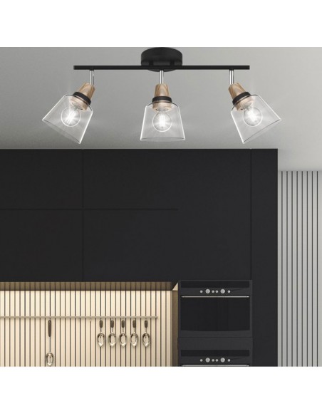 Regleta de 3 luces negra con madera