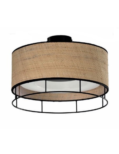 Lámpara Plafón Superficie Negro y Rafia