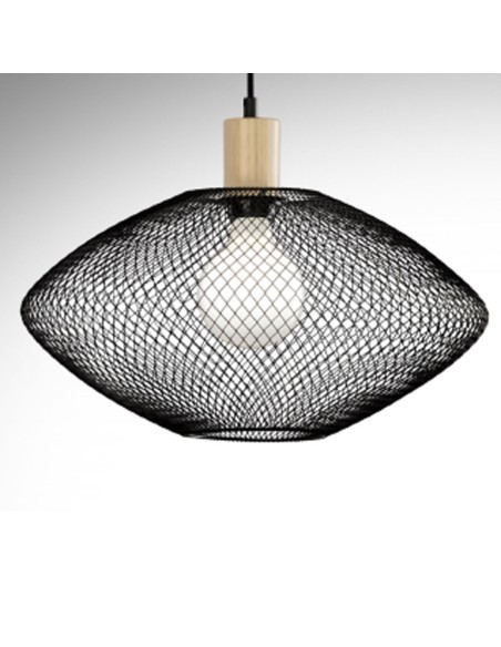 Lámpara colgante rejilla negro con madera