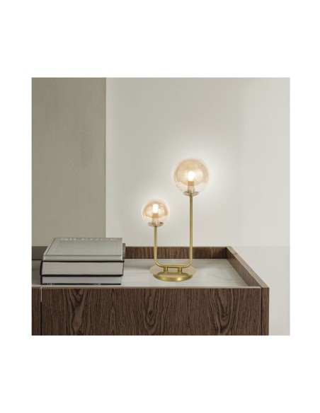 Lámpara de Mesa 2 Luces Latón y Bola Ambar