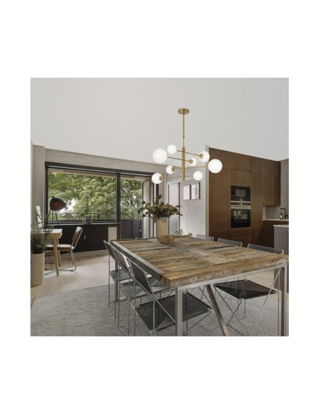 Lámpara 8 Luces Latón y Bola Opal